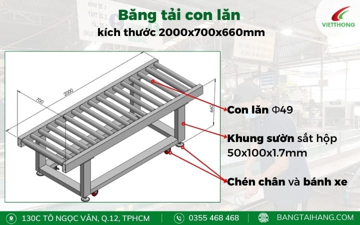 Cấu tạo băng tải con lăn với con lăn thép và khung đỡ chắc chắn