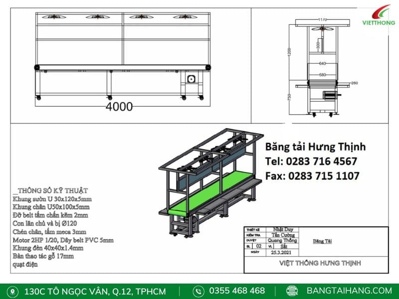 Thiết kế băng tải có bàn thao tác dài 4m