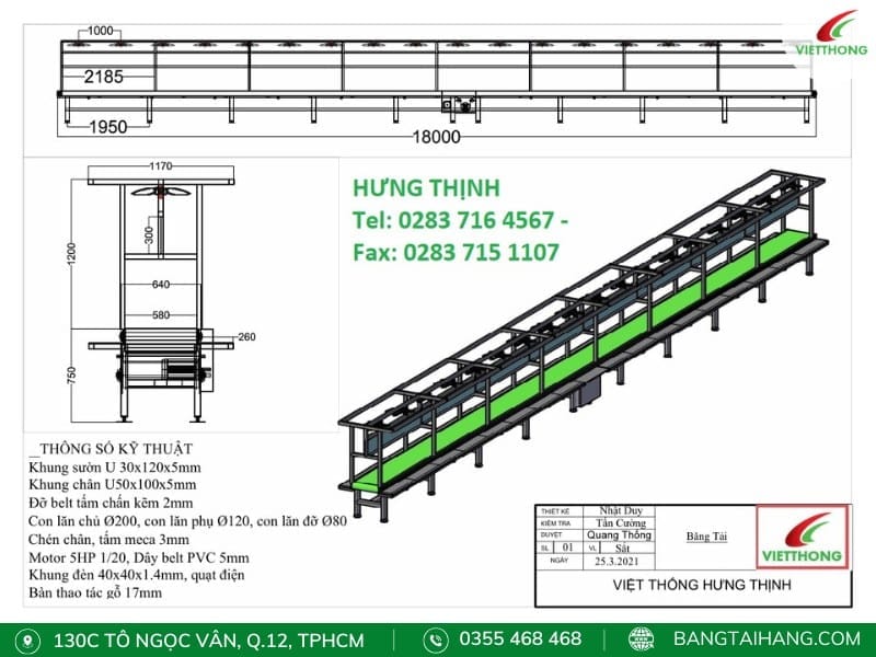 Thiết kế băng tải có bàn thao tác dài 18m
